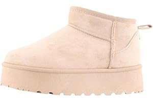 MIOBER Women's Suede Platform Mini Low Ankle Boots,Slip On,Ladies Faux Fur Ultra Snow Boot,Winter Shoes