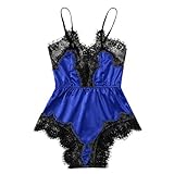 Women Sexy Lingerie Sleepwear - Ladies Sexy V Neck Lace Satin Nightgown Babydoll Siamese Nightwear (Blue, M)