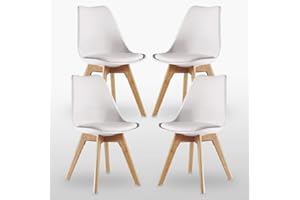 P&N Homewares® Lorenzo Tulip Chair Plastic Wood Retro Dining Chairs White Black Grey Red Yellow Pink Green Blue (SET OF 4) (WHITE)