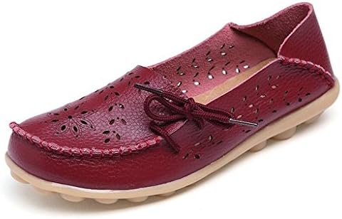 Oriskey Womens Summer Hollow Out Carving Leather Casual Loafers Flat Boat Shoes Driving Sandals Wine Red Size 8.5