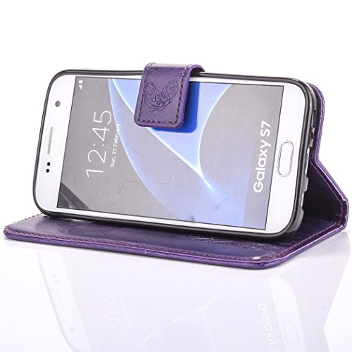 Etsue Leder Schutzhülle für Samsung Galaxy S7 Schmetterling PU Leder Tasche Case Hülle, Retro Vintage Dreamcatcher Campanula Prägung Ledertasche Butterfly Flip Case Wallet Brieftasche im Bookstyle Handytasche mit Standfunktion Karteneinschub und Magnetverschluß für Samsung Galaxy S7 + 1x Glitzer Staub Stecker + 1x Blau Eingabestift-Traumfänger Schmetterling,lila - 4