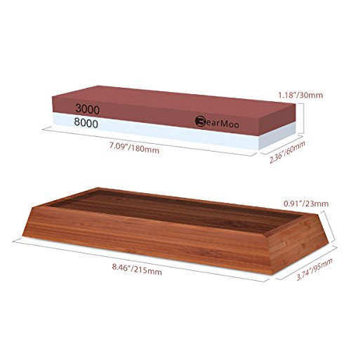 Schleifstein, BearMoo Wetzstein mit 3000/8000 Körnung für Messer, inkl. Anleitung zum Messer schärfen und Gummi-Steinhalter sowie Bambus Basis und Messer-Halter - 5