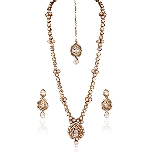 I Jewels Traditional Gold Plated Elegantly Handcrafted Jewellery Set with Maang Tikka Using Austrian Diamonds for Women IJ273W (White)