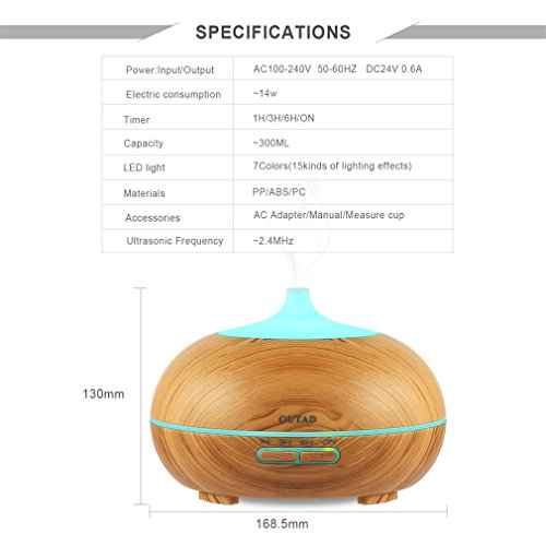 Aroma Diffuser OUTAD 300ml Wohltuend Holzmaserung Luftbefeuchter mit 7 Wechselfarben, Einstellbarer Nebelausstoß, Automatische Abschaltung und Niedrigwasserschutz, Aroma humidifier Duftzerstäuber Diffusor ätherisches Öl Diffusor Duftlampe EU für Aromatherapie, Yoga, Salon, Spa, Wohn, Schlaf, Bade oder Kinderzimmer Hotel etc - 6
