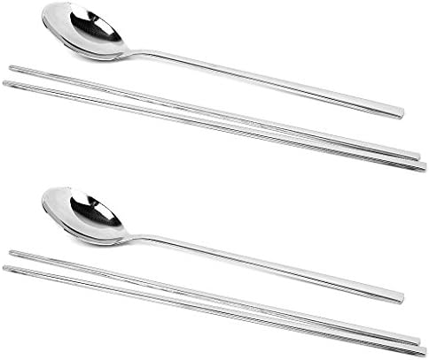 Yeah67886 2 Sets Stainless Steel Tableware Spoons Flat Chopsticks Tableware (Sliver)
