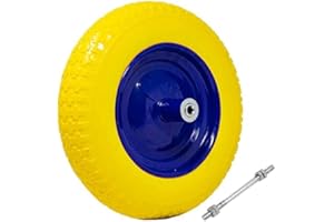 API Ruota Piena in Poliuretano Giallo Antiforatura per Carriola Battistrada Scolpito Diametro 35cm Larghezza 9 cm 3.50-8 Cerchio in Acciaio con Asse da 170 mm Incluso