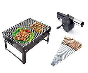 Jippco Portable BBQ Barbecue Charcoal Oven Folding & Portable Outdoor Grill Toaster with Hor Air Blower Fan and 10 pcs BBQ Sticks with Wooden Handle