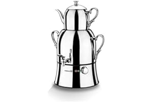Korkmaz Samovar Teekocher Nosta MEGA A334 Silber Inox/Chrom Semaver Türkisch Tea Cooker, 48 cm