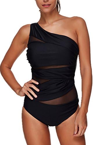 Women's One Off Shoulder Swimsuit Swimwear Padded Mesh Ruched One Piece Monokini Bikini Bathing Suit Floral Embroidered Tankini Beachwear