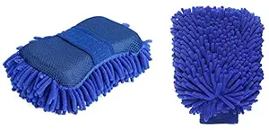 ALOUD CREATIONS Car/Bike Wash Cleaning Combo Premium Chenille Microfiber Car Wash Sponge and Microfiber Gloves - Pack of 2