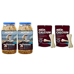 Meat Up Mutton Flavour, Real Chicken Biscuit, Dog Treats -500g Jar & Calcium Bone Pouch, Dog Treats - 25 Pieces (230 gm)