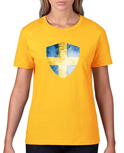Comedy Shirts – Schweden Trikot – Wappen: Groß – Wunsch – Damen T-Shirt – Gelb / Blau Gr. M