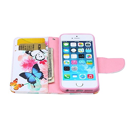 Mo-BeautyÂ® Apple iPhone 5 5S SE Leather Case [Free Tempered Glass Screen Protector],Full Body Colorful Pattern Design Flip PU Leather Wallet Card Slot Stand Case Cover For iPhone 5S/5/SE (Butterfly,Multicolor)