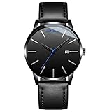 LLLS Men es Black Ultra Thin Fashion Slim Minimalist Casual Waterproof Watch Analogue Quartz Watches Kalender Leder-Strap