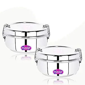 MARU Stainless Steel Lunch Box with Plate and Steel Lid, Mirror Finish, Set of 2 pcs 400ml Each, Silver