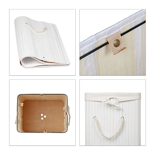 Relaxdays Wäschekorb Bambus H x B x T: ca. 65,5 x 43,5 x 33,5 cm faltbare Wäschetruhe rechteckig mit einem Fassungsvolumen von 83 L mit Wäschesack aus Baumwolle zum Herausnehmen als Wäschepuff, weiß - 4