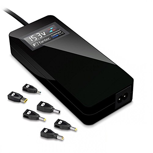FANTEC NBU90W Slimline Universalnetzteil für Notebooks (12V - 20V max. 90 Watt Ausgangsleistung, USB-A Anschluss 5V/2A mit 10W, inkl. 6 verschiedene Adapteraufsätze, automatische Spannungserkennung, Farbdisplay) schwarz