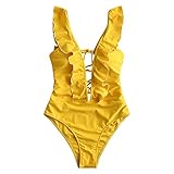 Material: Nylon, Elasthan ZAFUL Frau Volant Rüsche Kreuz Vorderseite EIN Stück Badeanzug Deep V Hals Stürzen Baden Anzüge(S, Gelb)