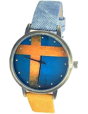 Kezzi Damen Quarz-Armbanduhr Zifferblatt mit Schwedischer Flagge Blau Lederarmband K1048