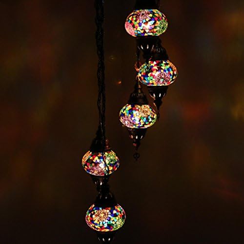 Multicolor Handmade Turkish Moroccan Style Mosaic Hanging Lamp Helix Chandelier with 5 Medium Size Globes