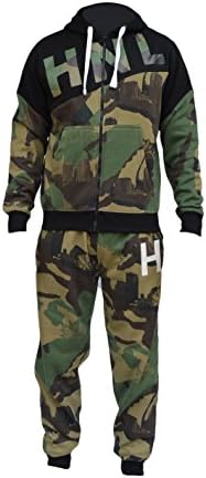 Men's Boys Army Camo Camouflage Print Contrast Brushed Fleece Hooded HNL Zipper Zip UP Gym Jogging Suit Tracksuit Bottoms Trouser Pants Set Size S M L XL (Medium, Military Camoflauge)