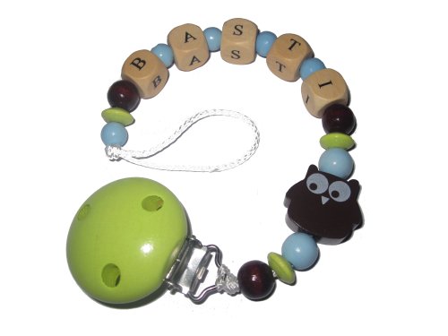 Preisvergleich Produktbild Schnullerkette mit Name EULE braun / blau