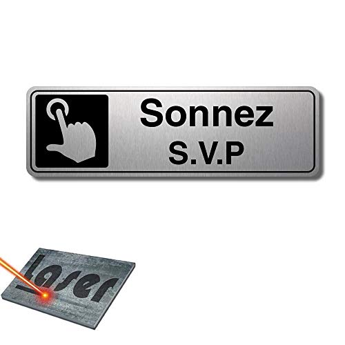 Plaque gravée autocollante 13x4cm Sonnez SVP fond Alu brossé