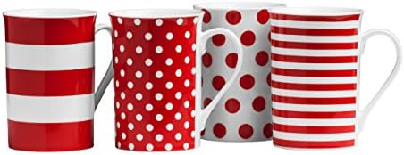 Set Of 8 Mugs Porcelain Available In Different Designs (8 Mugs Red Spots/Stripes)