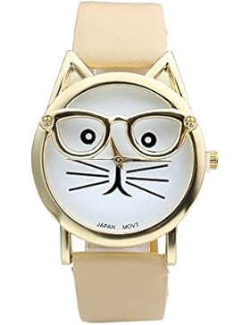 JSDDE Uhren,Cute Maedchen Damen Katze-Brille-Gesichtsform Armbanduhr Gold Felge Lederarmband Analog Quarz Uhr...