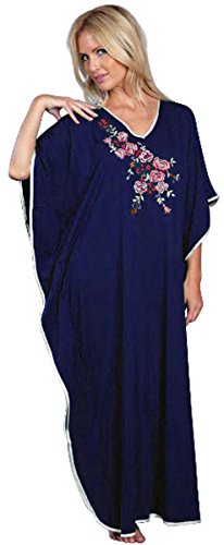 Jersey Embroidered One Size Satin Trim Kaftan in Navy