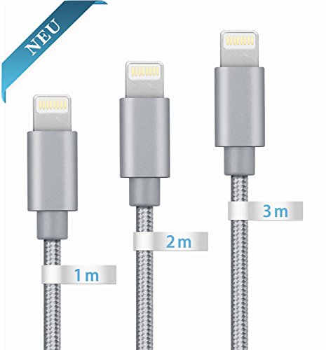 GlobaLink®[3 pack]1m,2m,3m iPhone Kabel [Nylonbeschichtetes, verwicklungssicheres USB-Sync- Kabel mit Aluminium Leiter] hohe Qualität,Modernes Desgin, Lebenslange Garantie für iPhone7 7Plus iPhone 6S Plus 6S 6 Plus SE 5S 5C 5 iPad Mini 2 3 4, iPad Pro, iPod und alle Apple-Geräte(Grau)