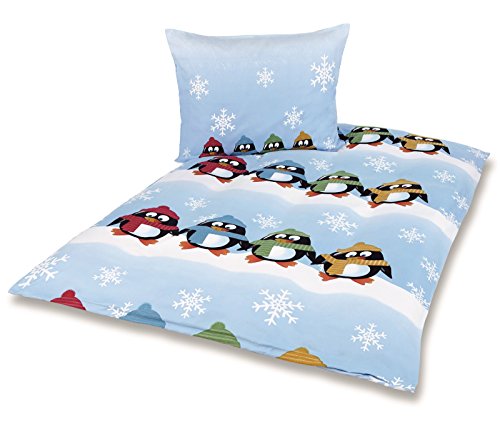 Micro Flanell Kinder Bettwäsche 80x80 + 135x200 cm Pinguine mit Reißverschluss hellblau