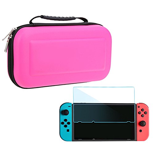 Preisvergleich Produktbild Tasche für Nintendo Switch,Sopear Harter tragbarer Reise-tragender schützender Speicher EVA Kasten-Beutel-Shell-Ärmel mit 2 PCS HD ausgeglichenes Glas-dünner Schirm-Schutz-Film-Abdeckung für Nintendo Schalter und Zusätze Rosa