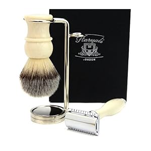 3 Piece Shaving Set DE Safety Razor,Syntactic Hair Brush in Ivory Colour & Stand
