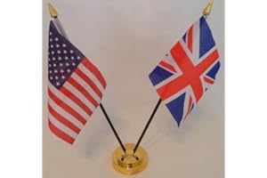 UKFLAGSHOP USA United States Of America Union Jack 2 Flag Friendship Table Display With Gold Base