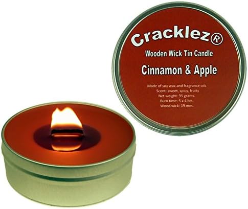 Cracklez Crackling Scented Wooden Wick Tin Candle Cinnamon and Apple. Red-brown.