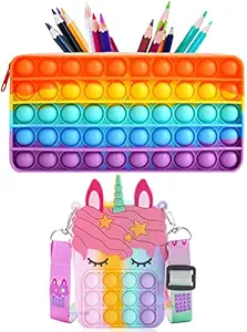 FunBlast Combo of Fidget Popit Pouch & Sling Bag for Kids Pop it Stationary Kit - Coin Pouch, Stationary Organizer Set / Birthday Return Gifts for Girls, Kids & Children (Pack of 2; Random Color)