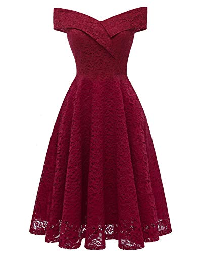 Bright Deer Robe de Soirée Mariage Mi-Longue en Dentelle Style Bardot à Épaules Nues Femme Retro Vintage Chic Tenue de Cocktail Cérémonie Skater 48 50 XXL Rouge