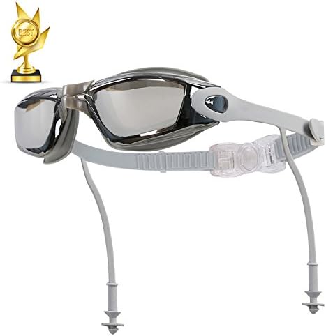 Qiwode Swimming Goggles, Swim Glasses No Leaking Anti Fog UV Protection with Siamese Ear Plugs for Adult Men Women Youth Kids Child (Gray)