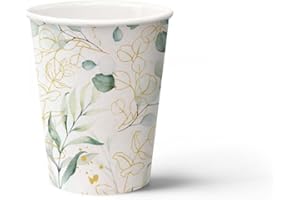 PAW DECOR COLLECTION PAW - Vasos Desechables Cafe (250 ml) I Paquete de 8 I Vasos de Cartón Ideal para Bodas, Fiestas Infantiles, Cumpleaños, Celebraciones I Impresión de Vasos de Papel al Agua I Eucalipto Dorado