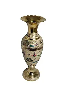 MOZO HUB Brass Hand Crafted Jar Pattern White Flower Vase 30 cm