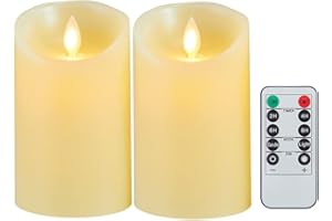 LONKENN Velas LED Pack de 2 Velas LED Efecto Llama Velas con Pilas con Mando a Distancia Temporizador Velas LED Cera Real 3D Efecto Llama Velas con y Regulable para Decoración Bodas Navidad-15cm