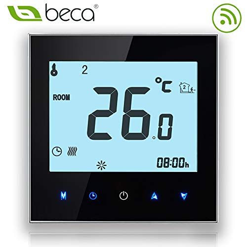 BECA 1000 Series 3/16A Pantalla táctil LCD Agua/Calefacción eléctrica/Caldera Termostato de control de programación inteligente con conexión WIFI (Calefacción eléctrica,Negro)