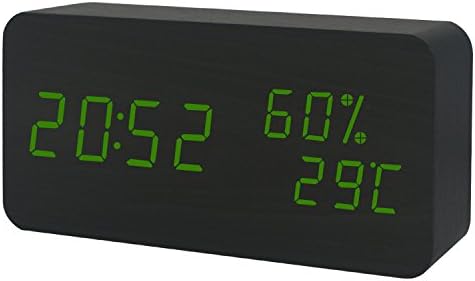 GANGHENGYU Wooden Alarm Clock LED Digital Temperature and Humidity Electronic Office Desk Home Bedroom Travel Clock with Sound Control Function (Black Wood Green Light)