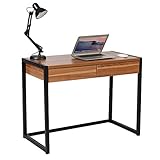 WOLTU TSG27dc Bureau d'ordinateur en Bois et Acier,Table de Bureau Table de Travail PC Table avec 2 tiroirs, 100x50x76cm(LxPxH),Hêtre Foncé