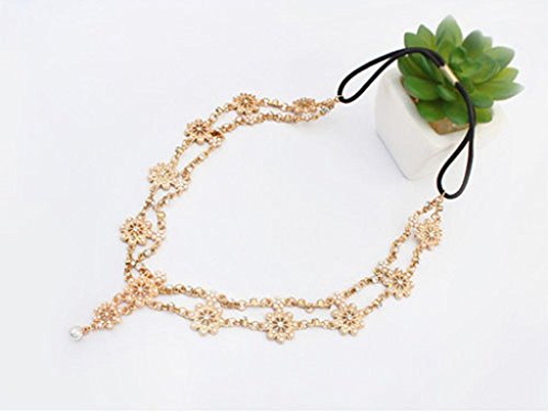 DDLBiz® Perlen-Troddel-Blumen-Ausdehnungs-Stirnband-Haar-Band-Kristallhaar-Kette Gold - 2