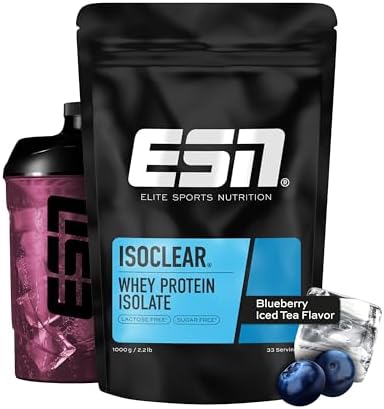 ESN ISOCLEAR Proteine isolate del siero di latte in polvere, Té freddo al mirtillo, 1000 g, limonata proteica dal sapore fruttato e delizioso, siero di latte chiaro - Made in Germany