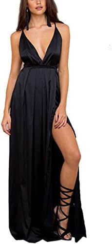 Simplee Apparel Women's V Neck Back Cross Side Split Satin Strap Slip Maxi Dress Party Black