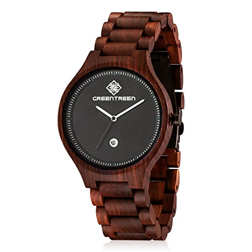 GREENTREEN natrlichen Jungen Holz Armbanduhr mit Kalender Funktion rot Sandelholz-Mnner Quarzuhren Sportuhren