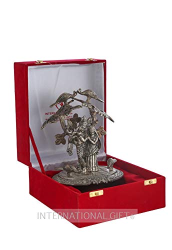 Silver Plated Radha Krishna Tree God Idol Statue Oxidized Silver Finish with Beautiful Red Velvet Box Packing (24 cm, Silver) Showpiece, Statue Decor Gift